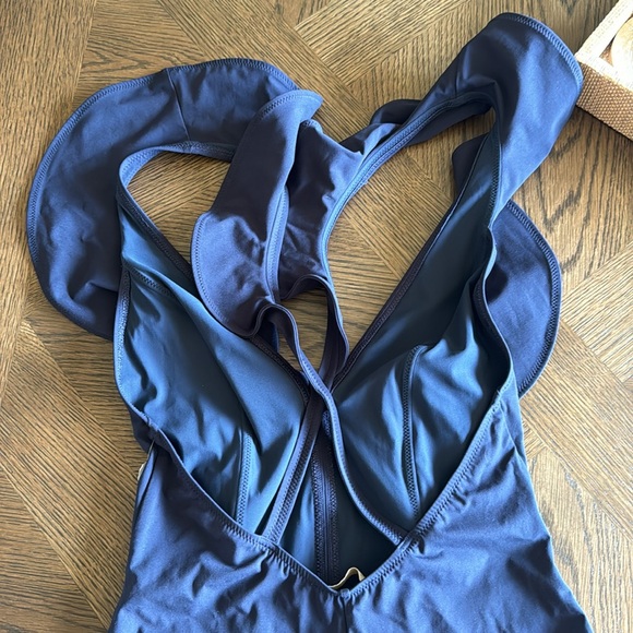 Ulla Johnson Evelina Ruffle Plunge One-Piece Swimsuit, Navy, Size Large, $380 - Picture 11 of 16
